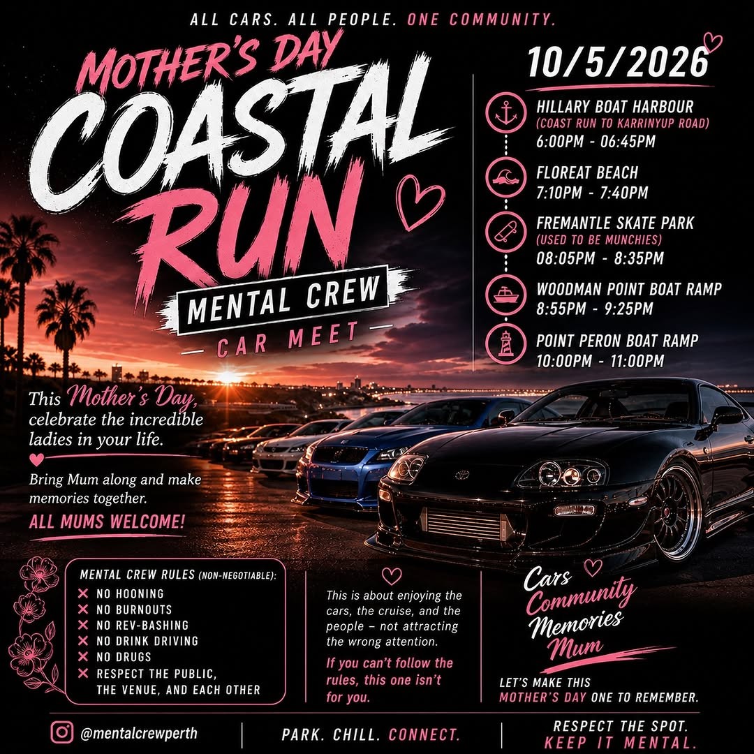 Mother's Day Coastal Run — car meet in Perth, WA on Sunday 10 May 2026