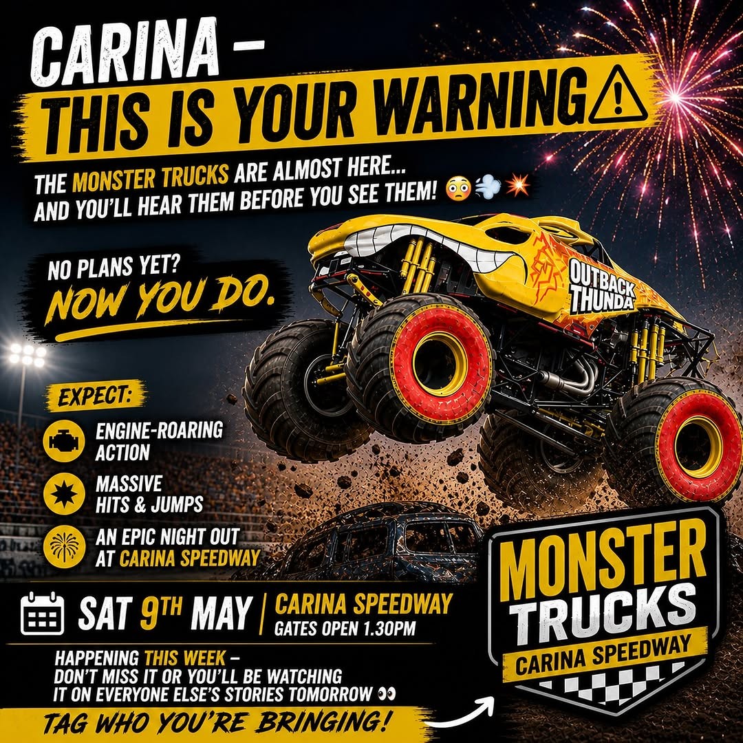 Monster Trucks Carina Speedway — 4x4 spectator event in Brisbane, QLD on Saturday 9 May 2026