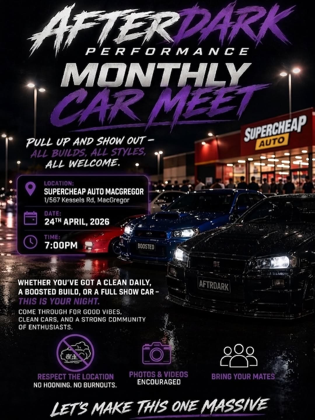 Afterdark Performance Monthly Car Meet — JDM car meet in Brisbane, QLD on Friday 24 April 2026