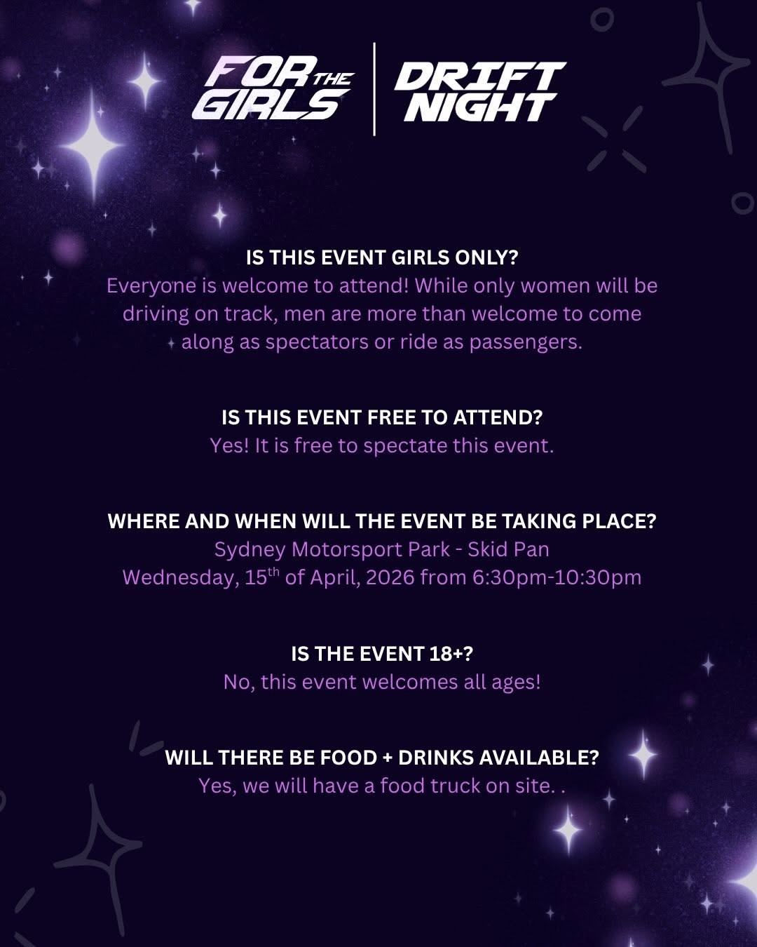 For The Girls Drift Night — JDM track day in Sydney, NSW on Wednesday 15 April 2026