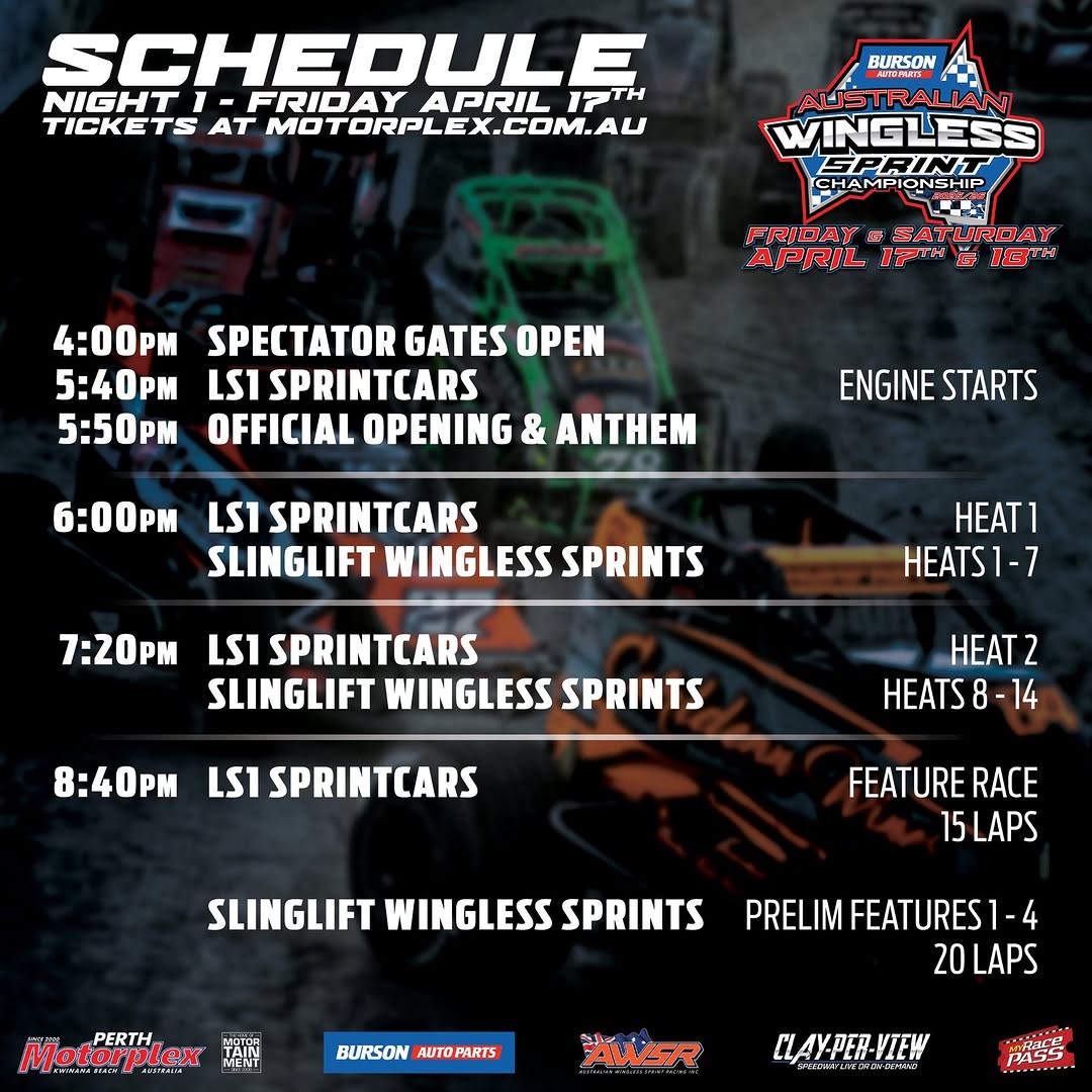 Australian Wingless Sprint Championship - Night 1 — Muscle spectator event in Perth, WA on Friday 17 April 2026