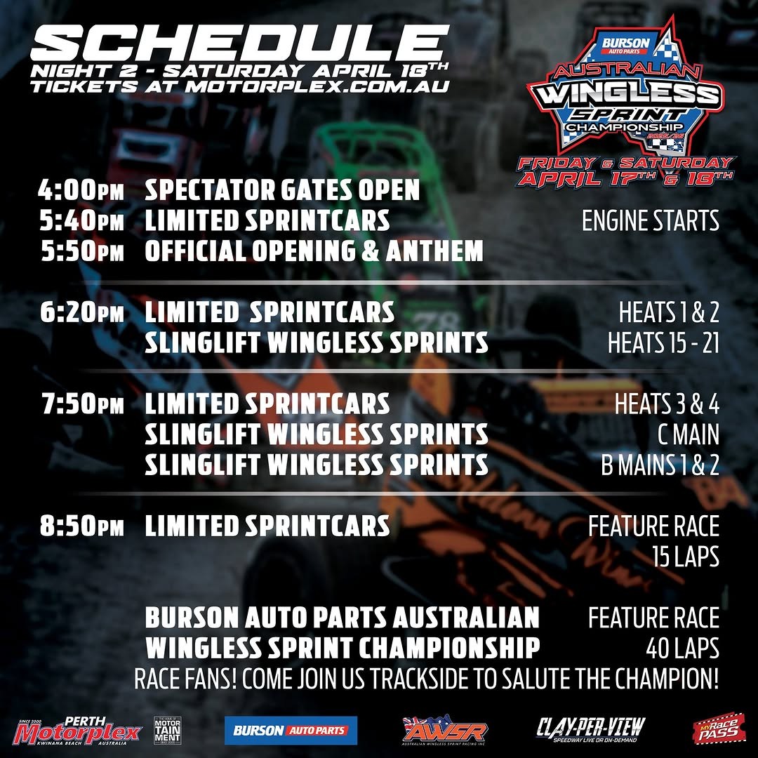 Australian Wingless Sprint Championship - Night 2 — Muscle spectator event in Perth, WA on Saturday 18 April 2026
