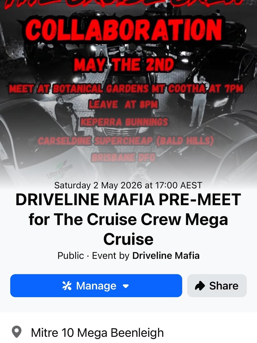 Driveline Mafia Pre-Meet for The Cruise Crew Mega Cruise — JDM car meet in Brisbane, QLD on Saturday 2 May 2026