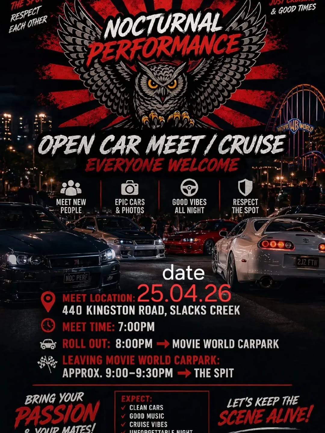 Nocturnal Performance Open Car Meet / Cruise — JDM car meet in Brisbane, QLD on Saturday 25 April 2026