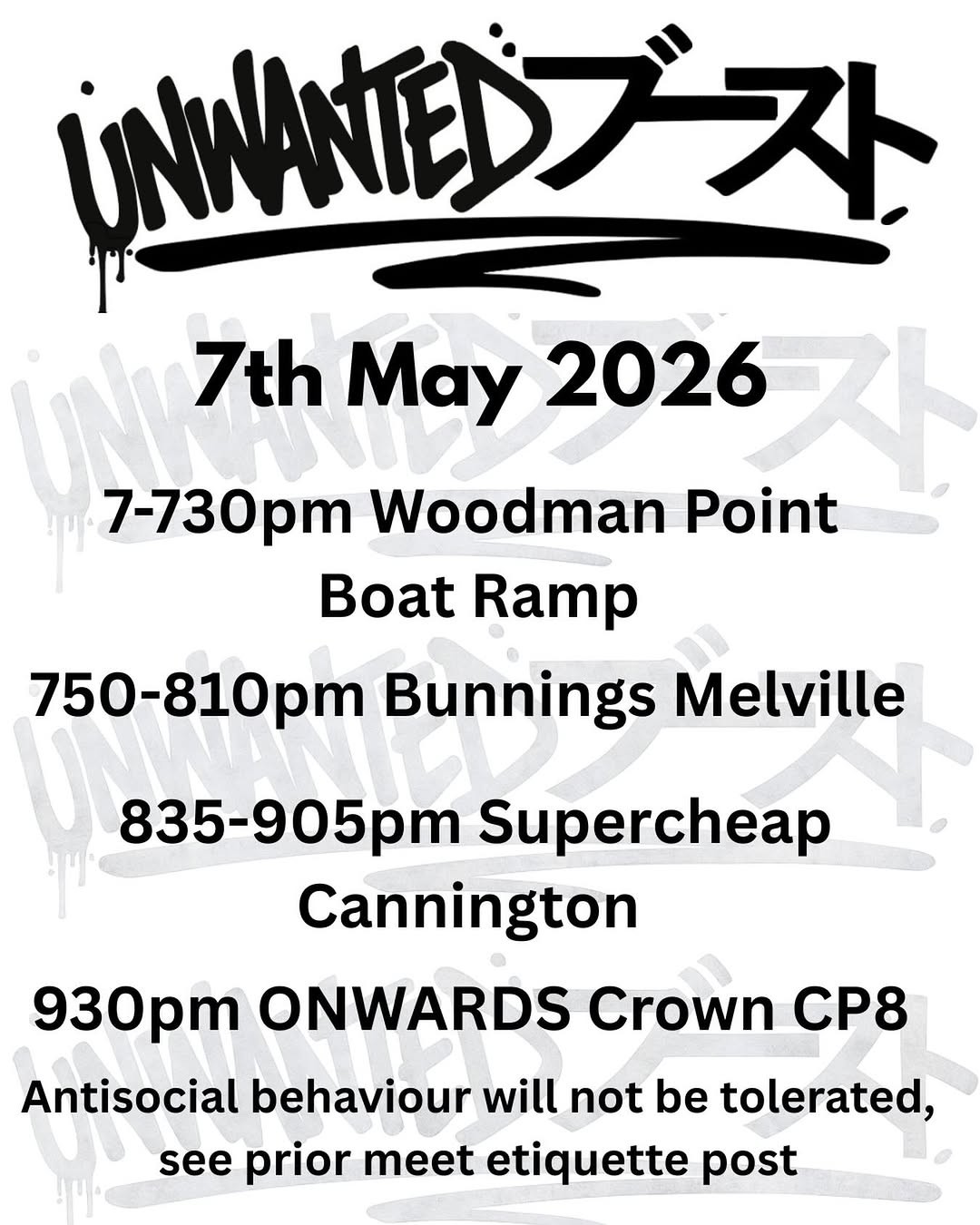 Unwanted Boost Cruise — JDM car meet in Perth, WA on Thursday 7 May 2026