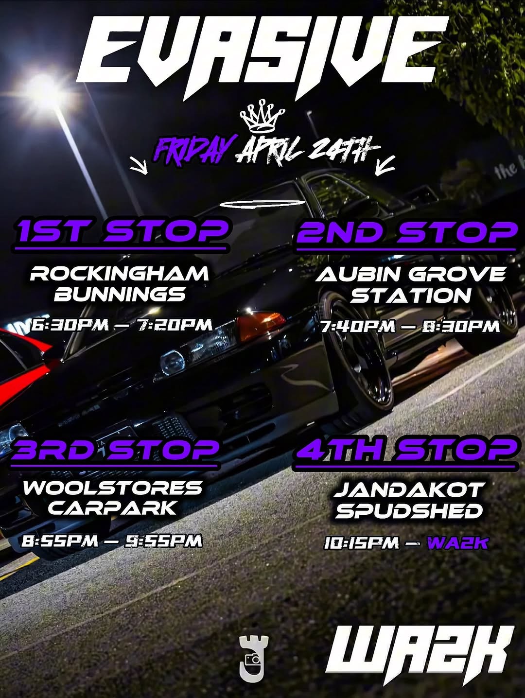 Evasive x WA2K Friday Night Event — JDM car meet in Perth, WA on Friday 24 April 2026