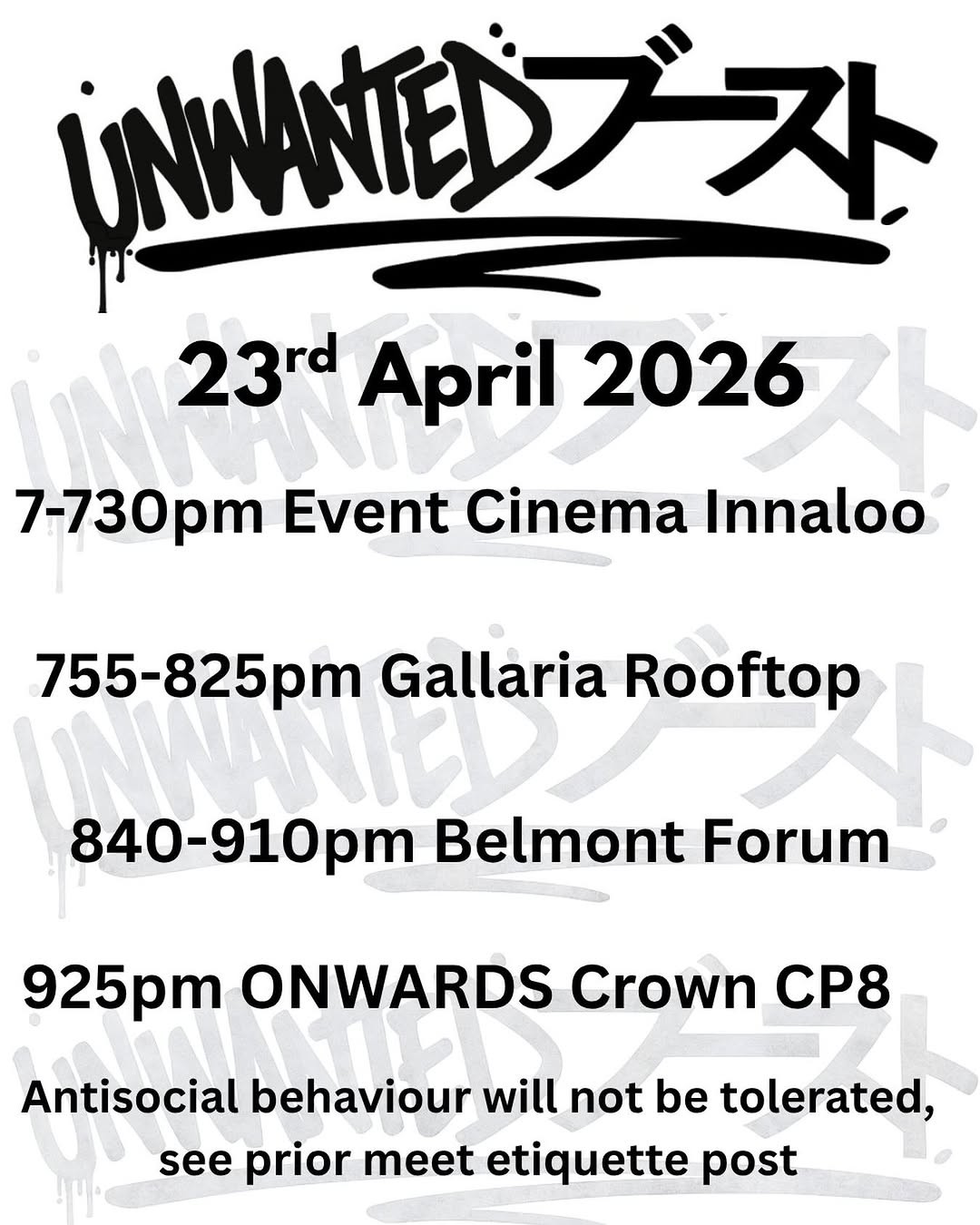 Unwanted Boost Cruise — JDM car meet in Perth, WA on Thursday 23 April 2026