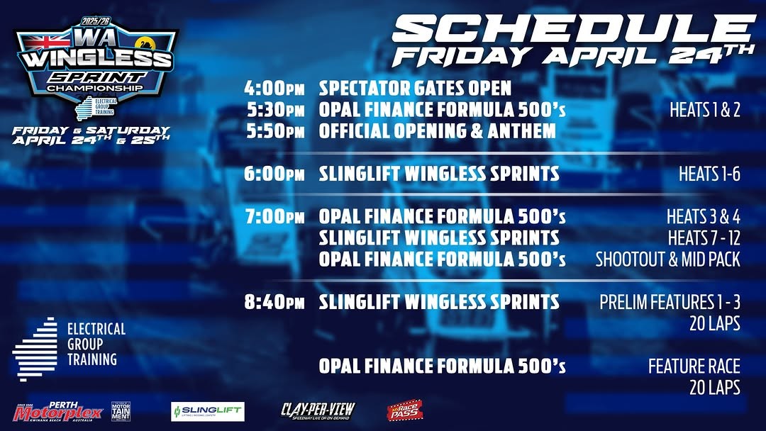 WA Wingless Sprint Championship — Muscle spectator event in Perth, WA on Friday 24 April 2026