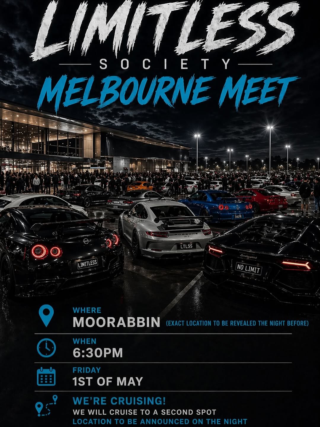 Limitless Society Melbourne Meet — Exotic/JDM car meet in Melbourne, VIC on Friday 1 May 2026