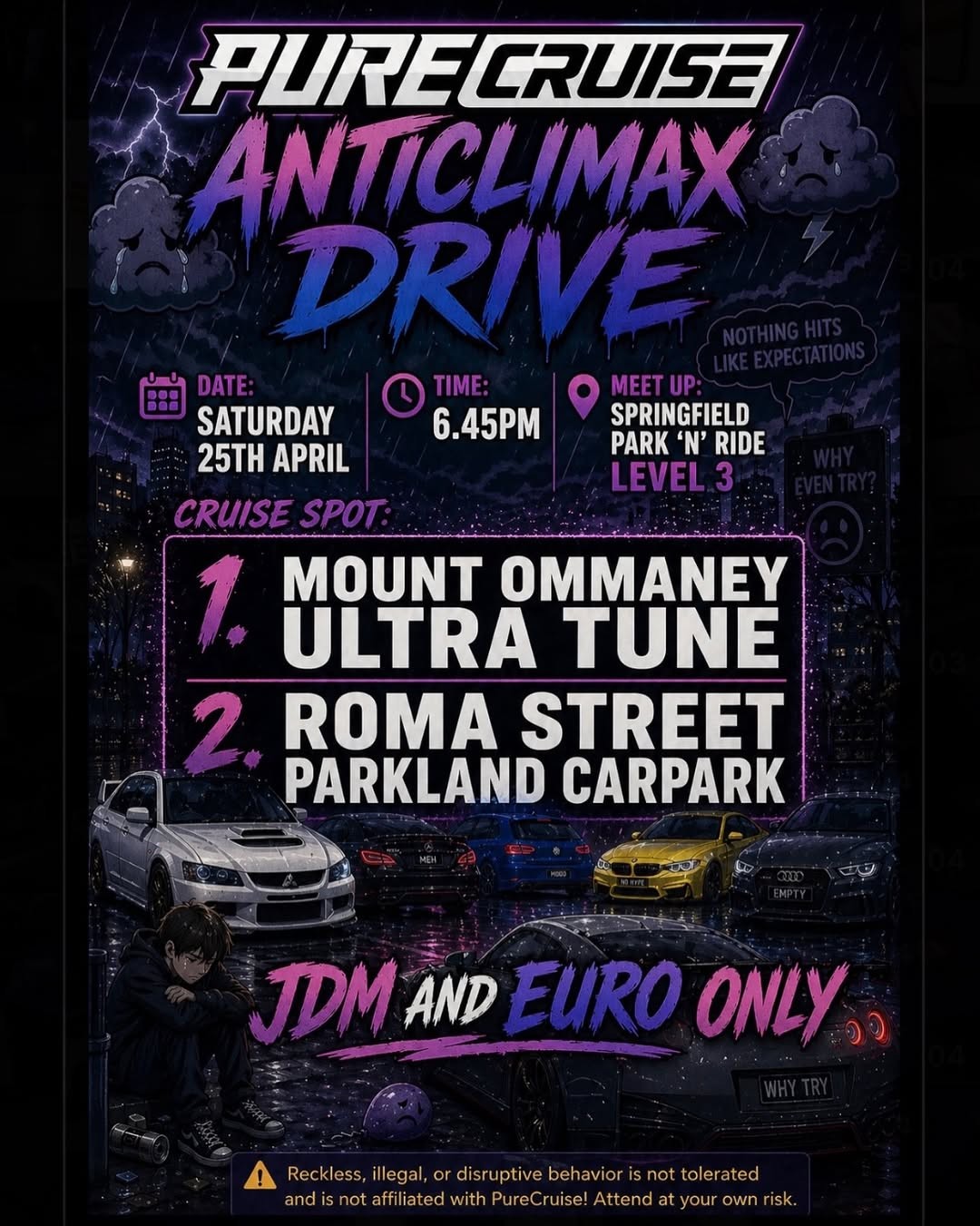 Anticlimax Drive — JDM/Euro car meet in Brisbane, QLD on Saturday 25 April 2026