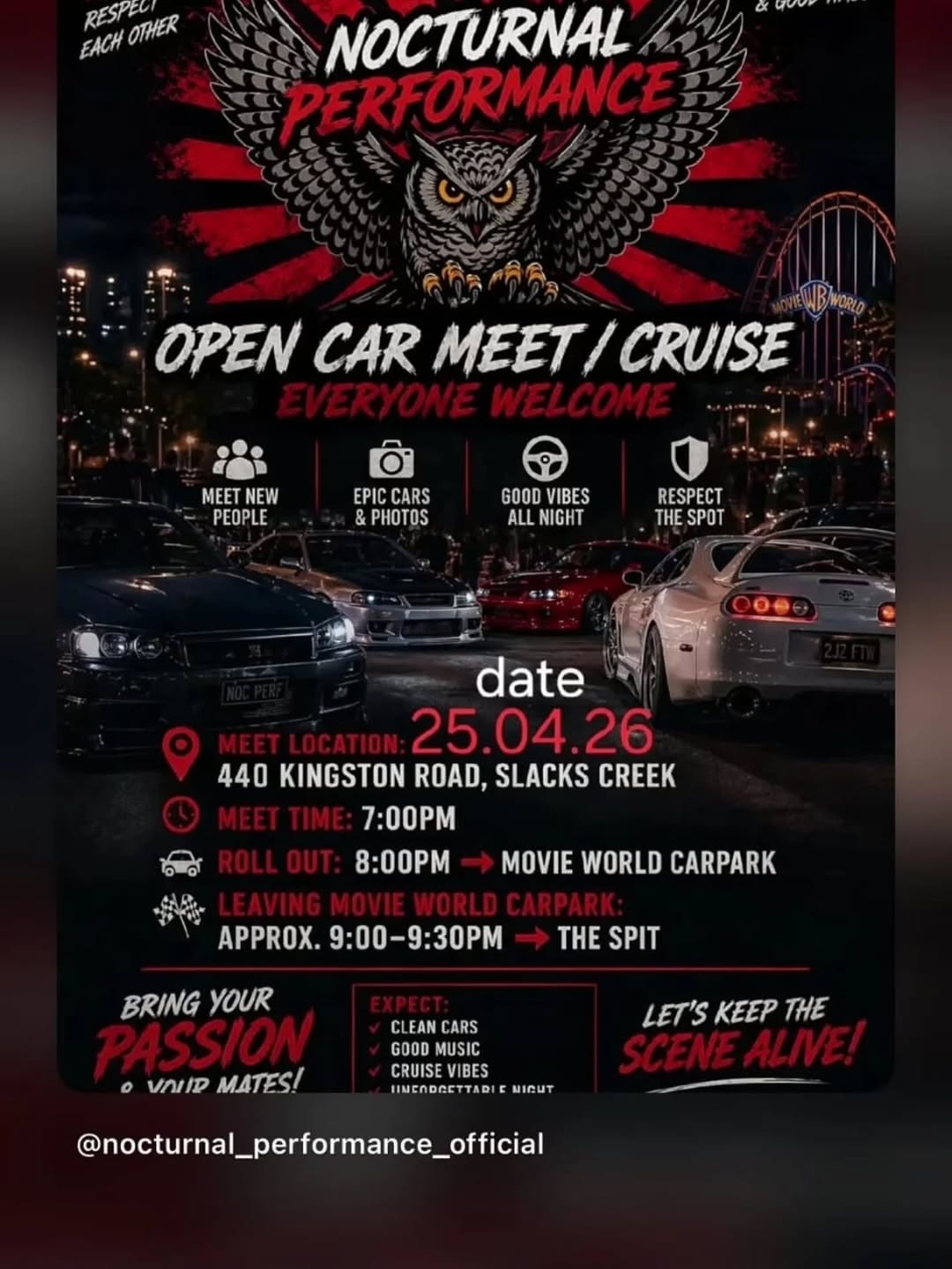 Nocturnal Performance Open Car Meet / Cruise — JDM car meet in Brisbane, QLD on Saturday 25 April 2026