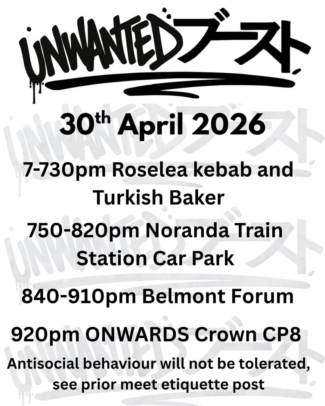 Unwanted Boost Cruise — JDM car meet in Perth, WA on Thursday 30 April 2026