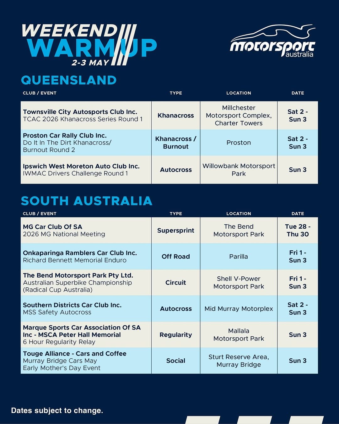 Murray Bridge Cars May Early Mother's Day Event — JDM car meet in Adelaide, SA on Sunday 3 May 2026