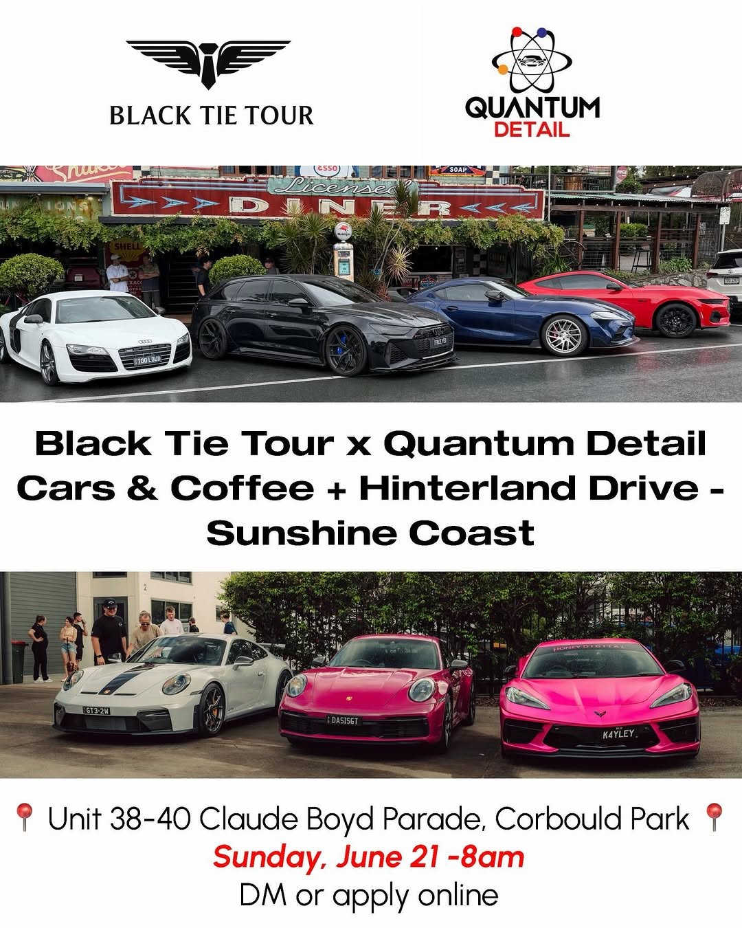 Black Tie Tour x Quantum Detail Cars & Coffee + Hinterland Drive flyer — QLD