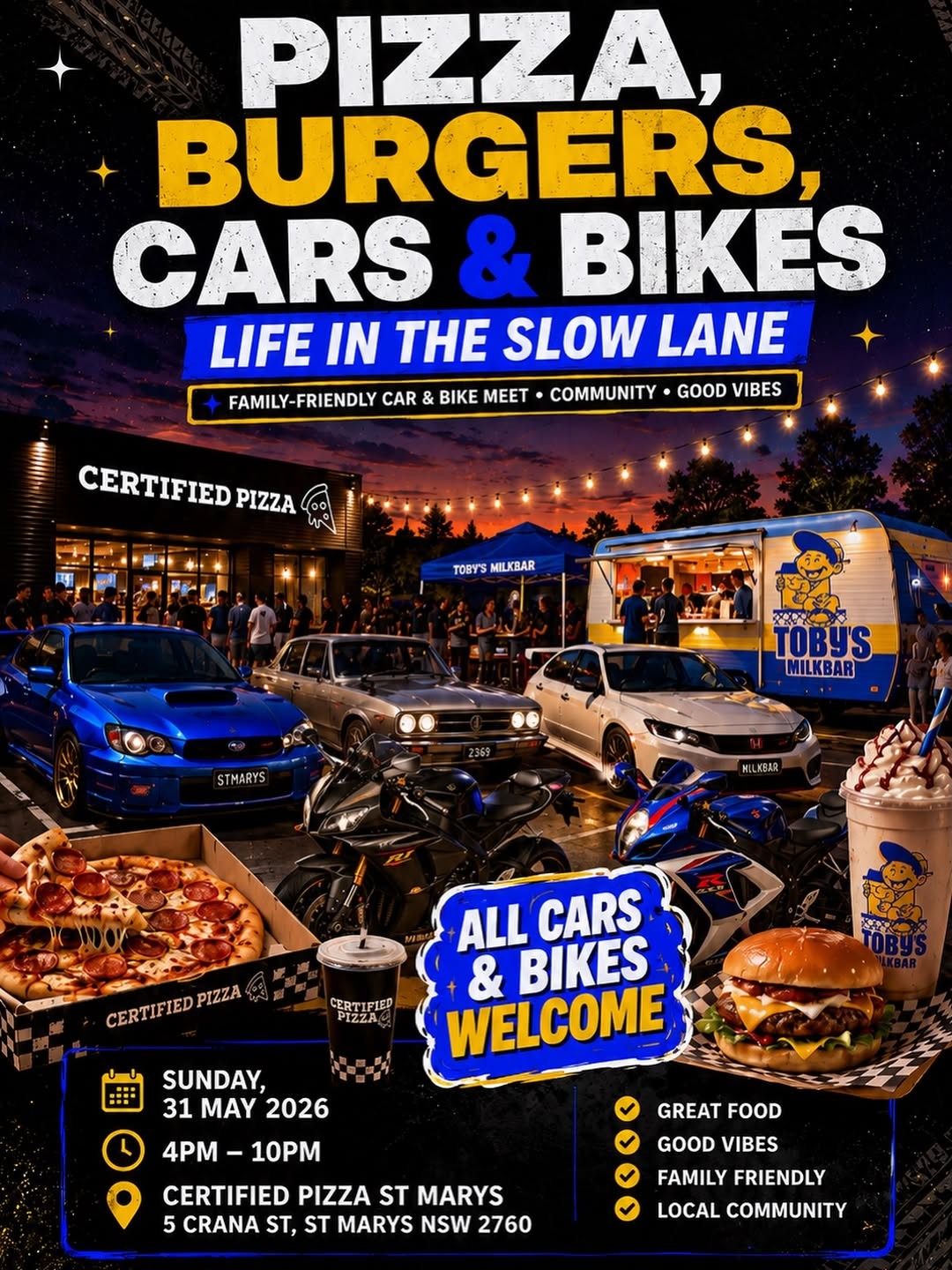 Pizza, Burgers, Cars & Bikes — JDM/Stance car meet in Sydney, NSW on Sunday 31 May 2026