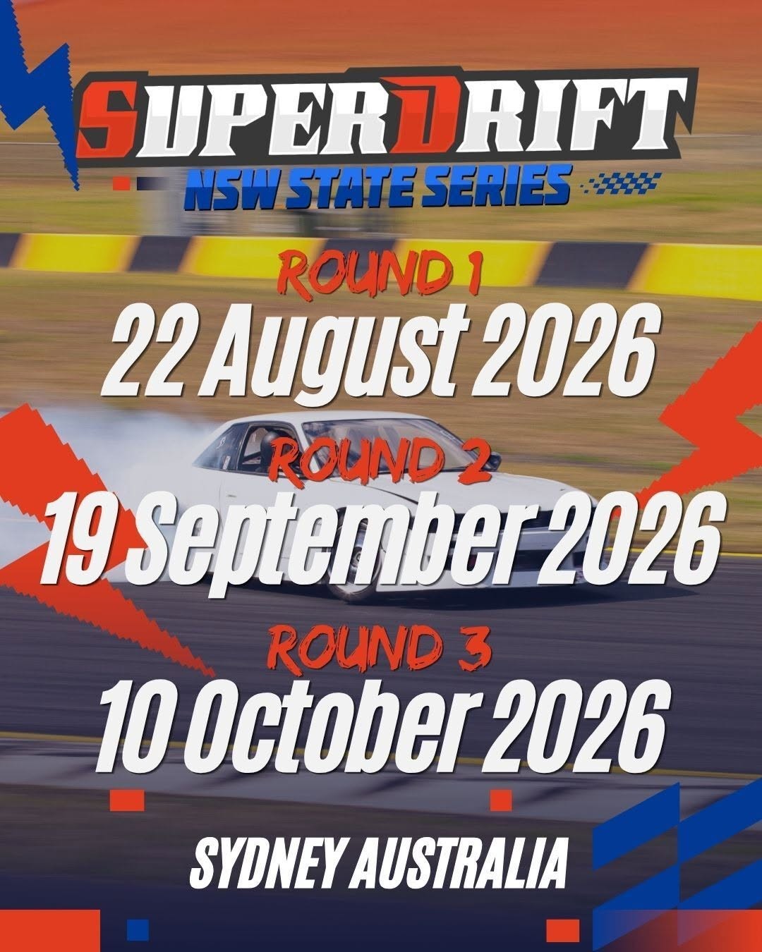 Superdrift NSW State Series - Round 1 — JDM spectator event in Sydney, NSW on Saturday 22 August 2026