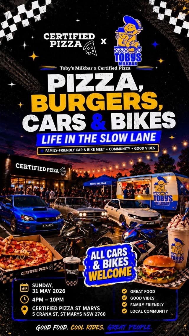 Pizza, Burgers, Cars & Bikes — JDM/Stance car meet in Sydney, NSW on Sunday 31 May 2026