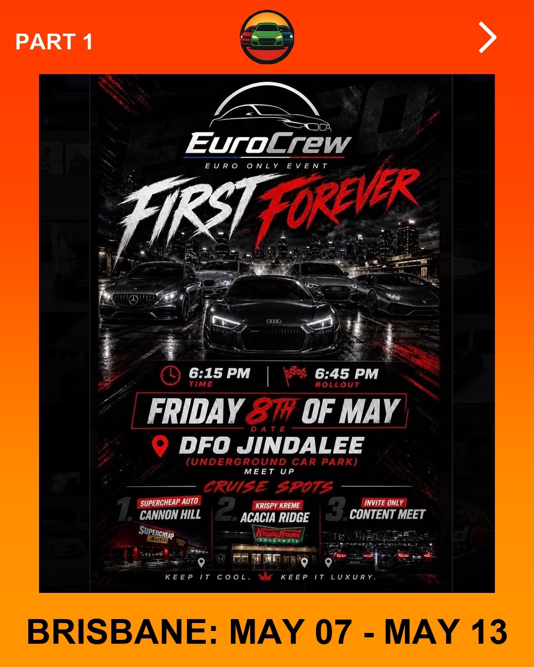 First Forever — Euro car meet in Brisbane, QLD on Friday 8 May 2026