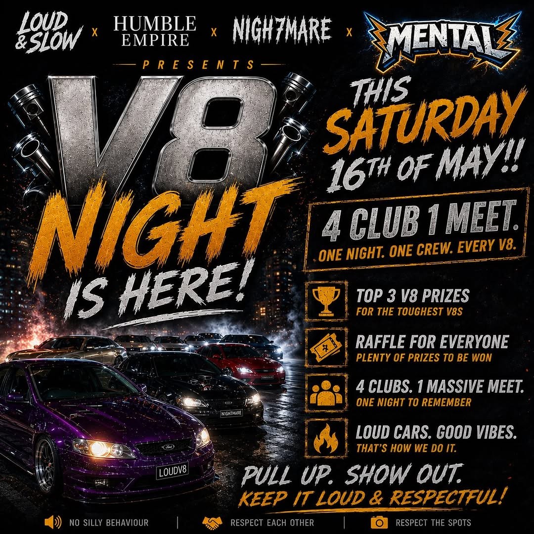 V8 Night — Muscle/Stance car meet in Perth, WA on Saturday 16 May 2026