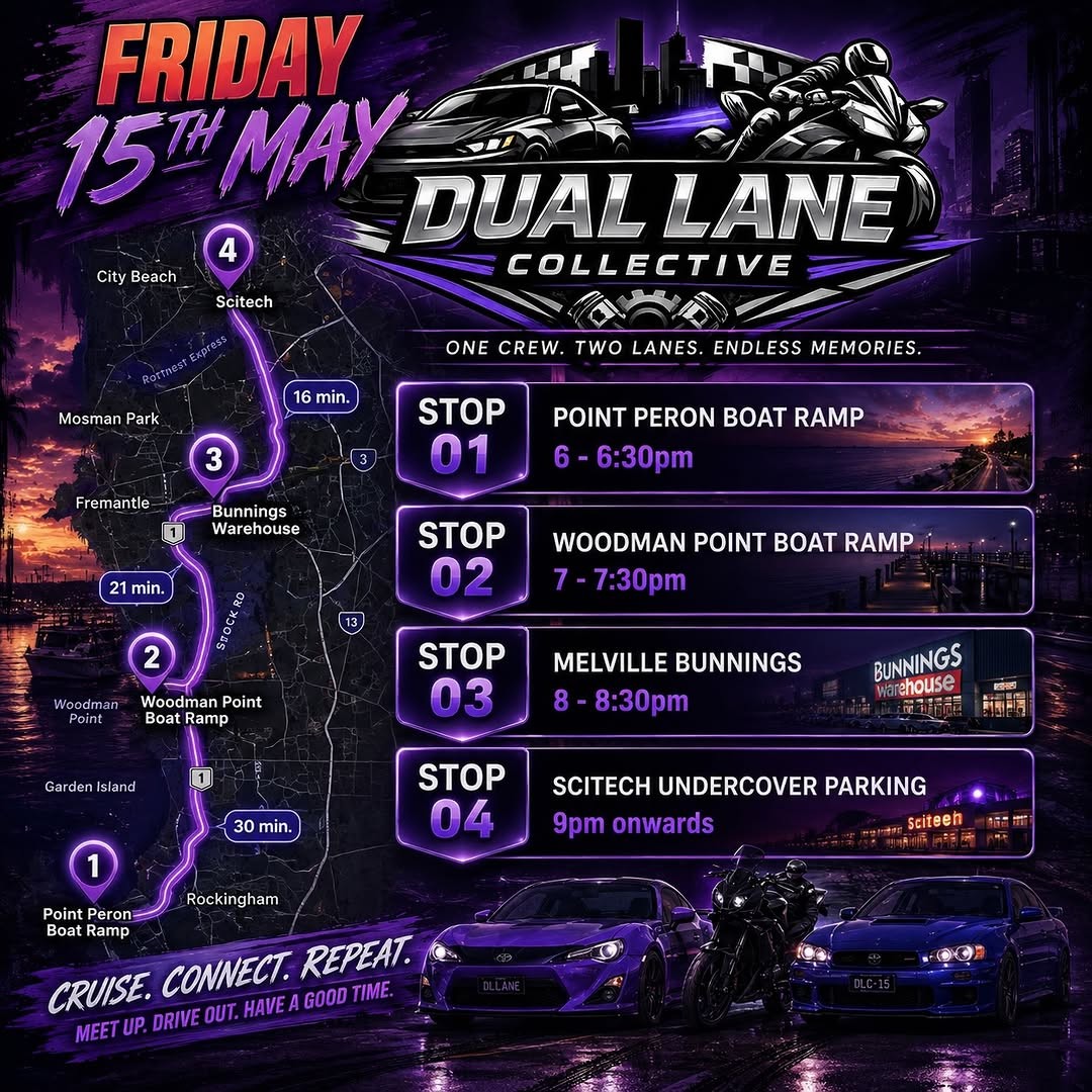 Dual Lane Collective Cruise — car meet in Perth, WA on Friday 15 May 2026