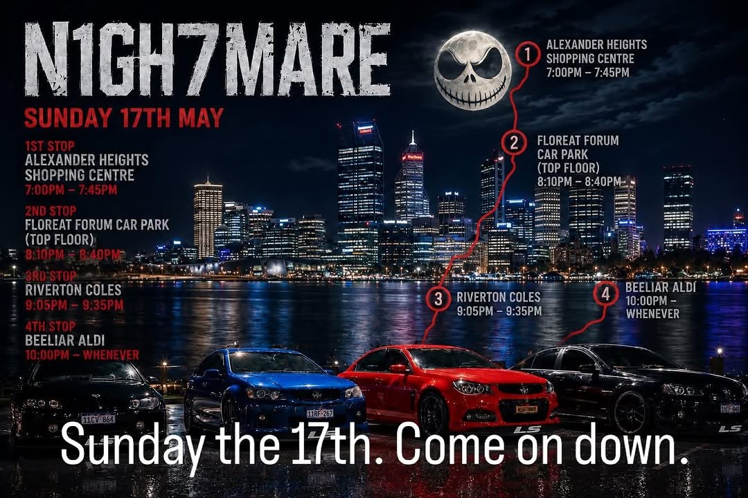N1GH7MARE Night Cruise — Muscle car meet in Perth, WA on Sunday 17 May 2026