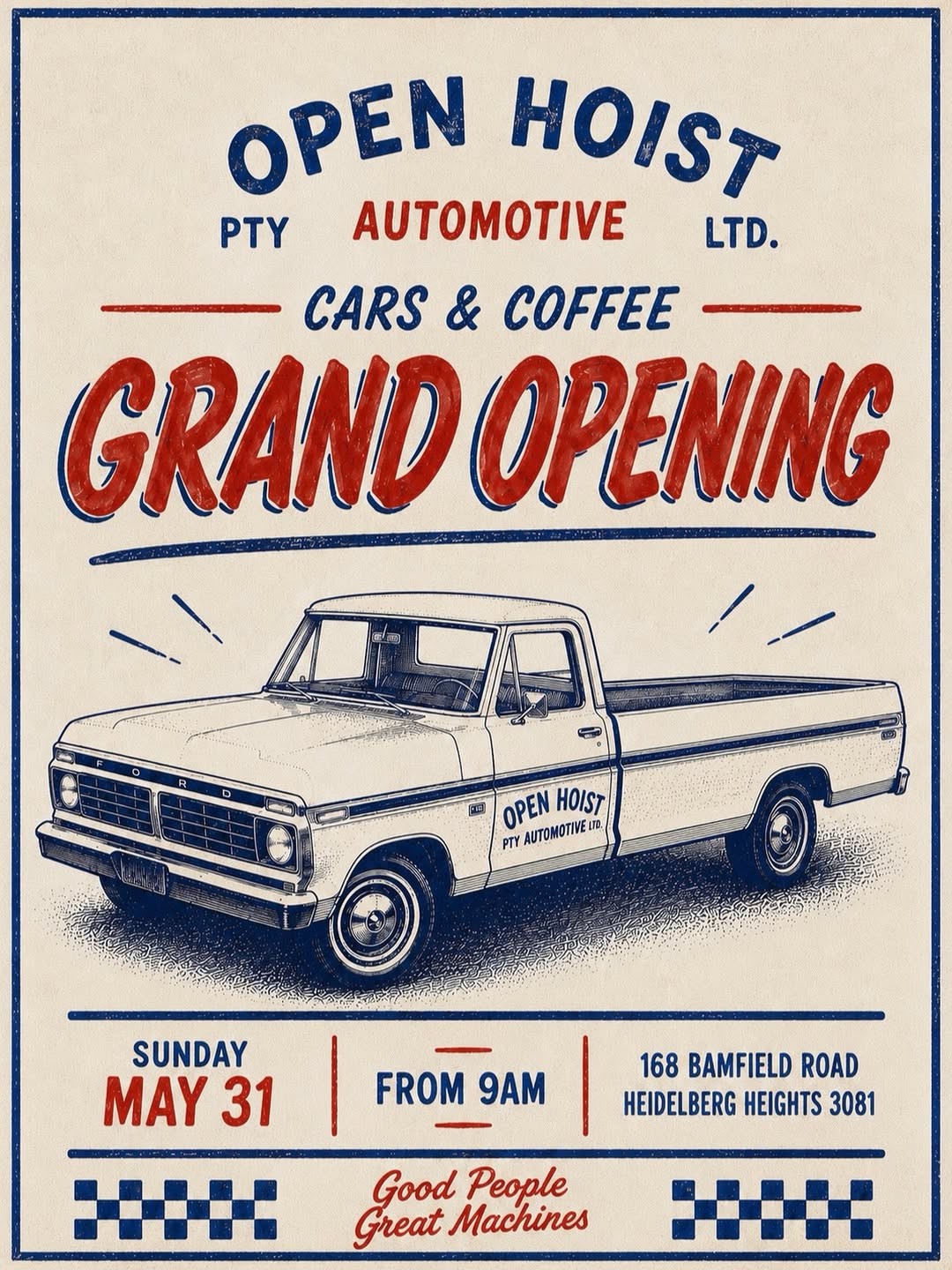 Open Hoist Grand Opening Cars & Coffee flyer — VIC