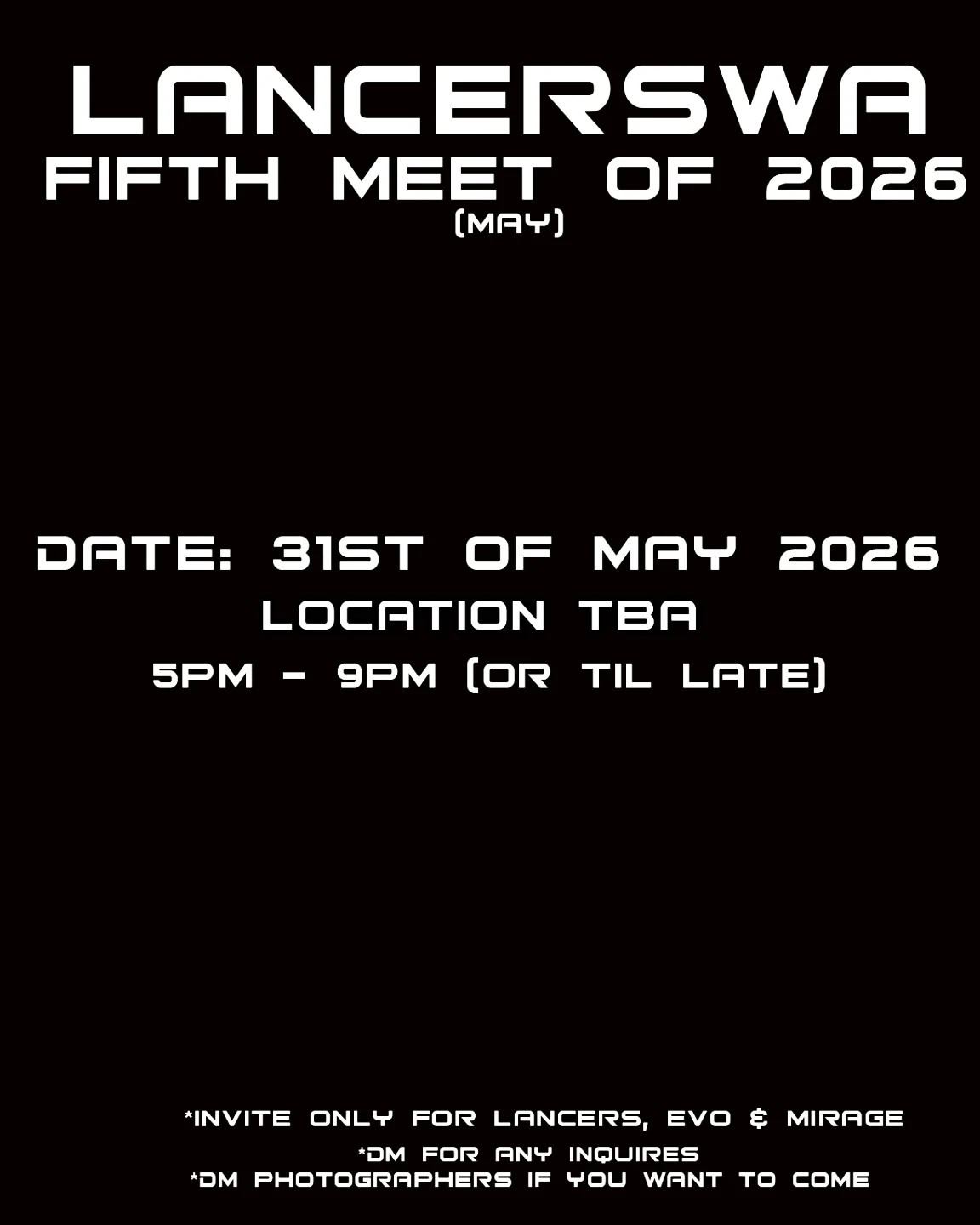LancersWA Fifth Meet of 2026 — JDM car meet in Perth, WA on Sunday 31 May 2026