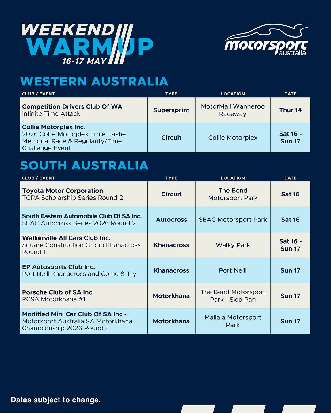 2026 Collie Motorplex Ernie Hastie Memorial Race & Regularity/Time Challenge Event — track day in Bunbury, WA on Saturday 16 May 2026