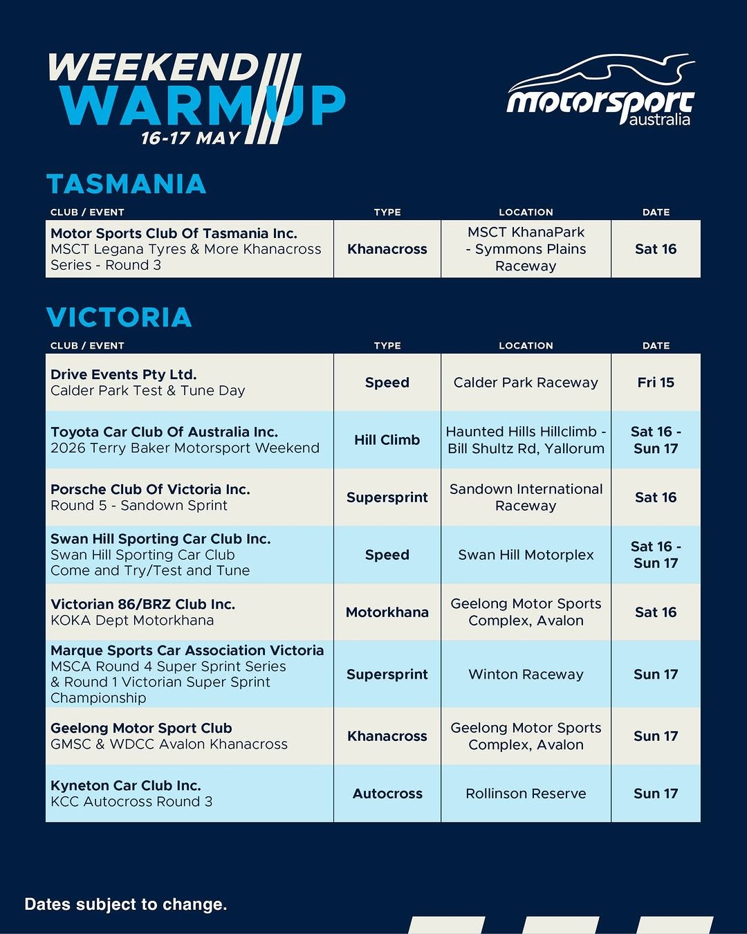 2026 Terry Baker Motorsport Weekend — JDM track day in Melbourne, VIC on Saturday 16 May 2026