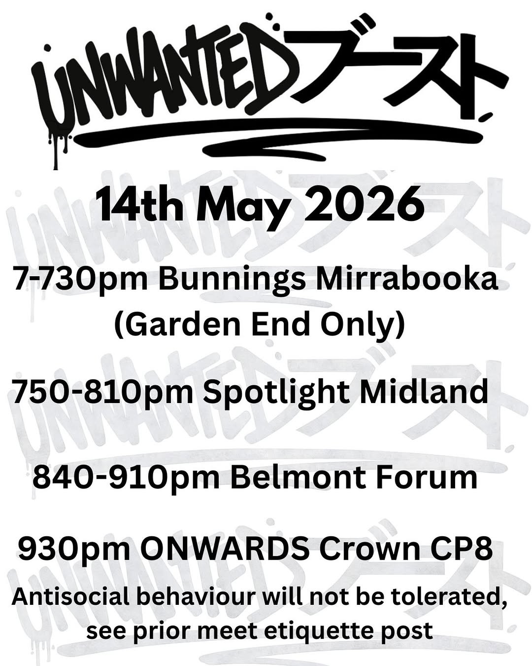 Unwanted Boost Cruise — JDM car meet in Perth, WA on Thursday 14 May 2026