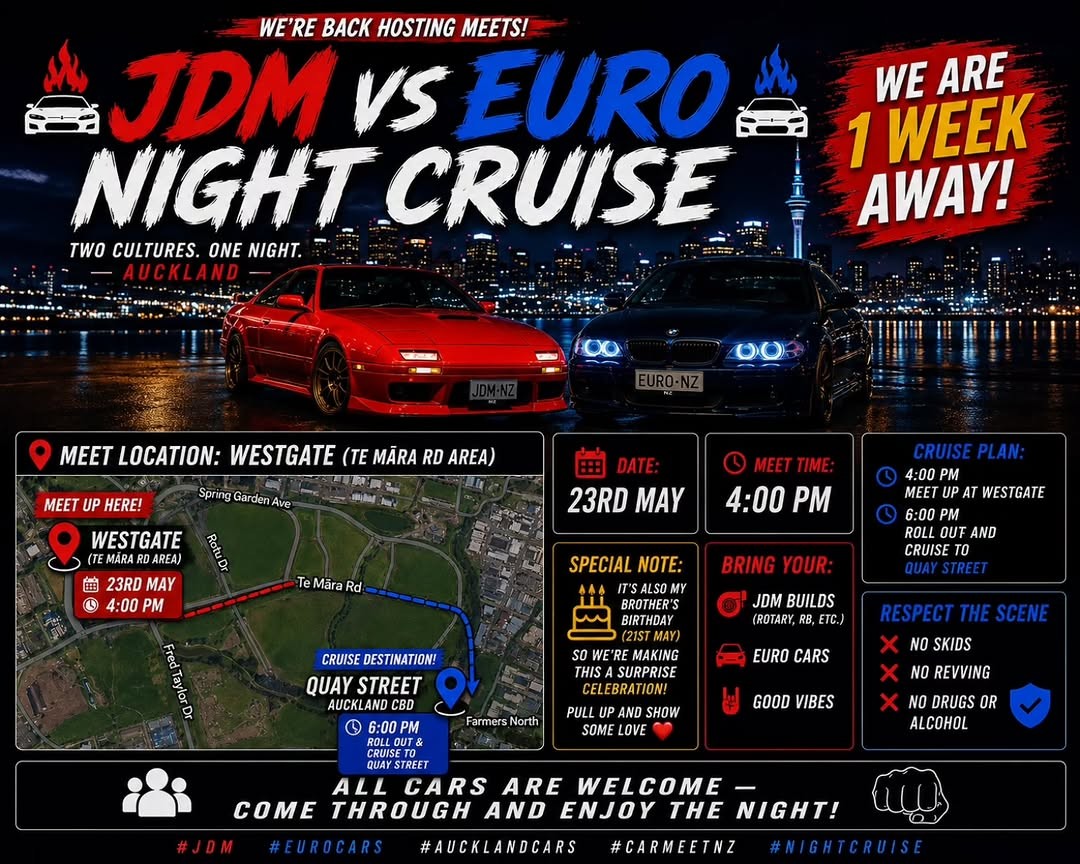JDM vs Euro Night Cruise — JDM/Euro car meet in International on Saturday 23 May 2026
