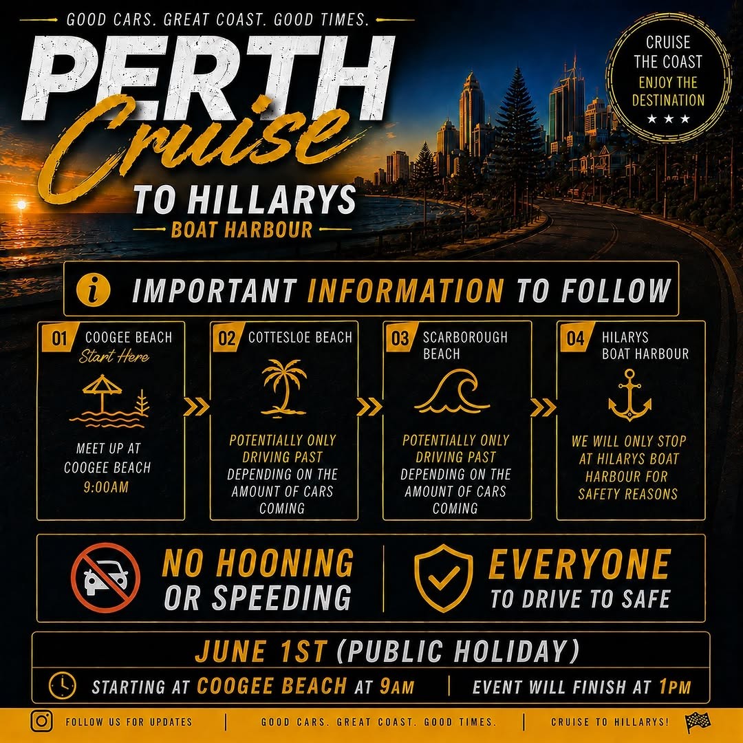 Perth Cruise to Hillarys Boat Harbour — Exotic car meet in Perth, WA on Monday 1 June 2026