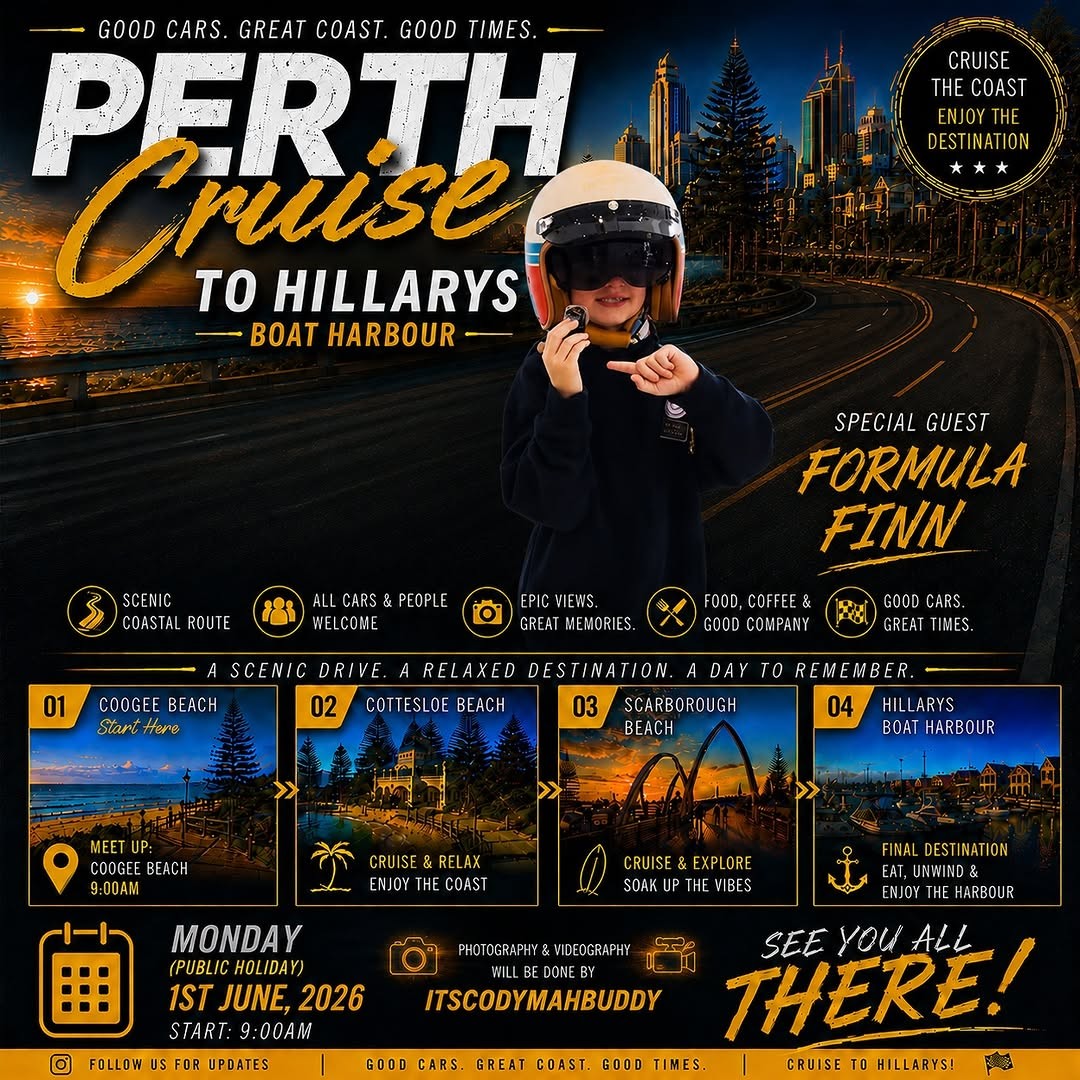 Perth Cruise to Hillarys Boat Harbour — Exotic/JDM car meet in Perth, WA on Monday 1 June 2026