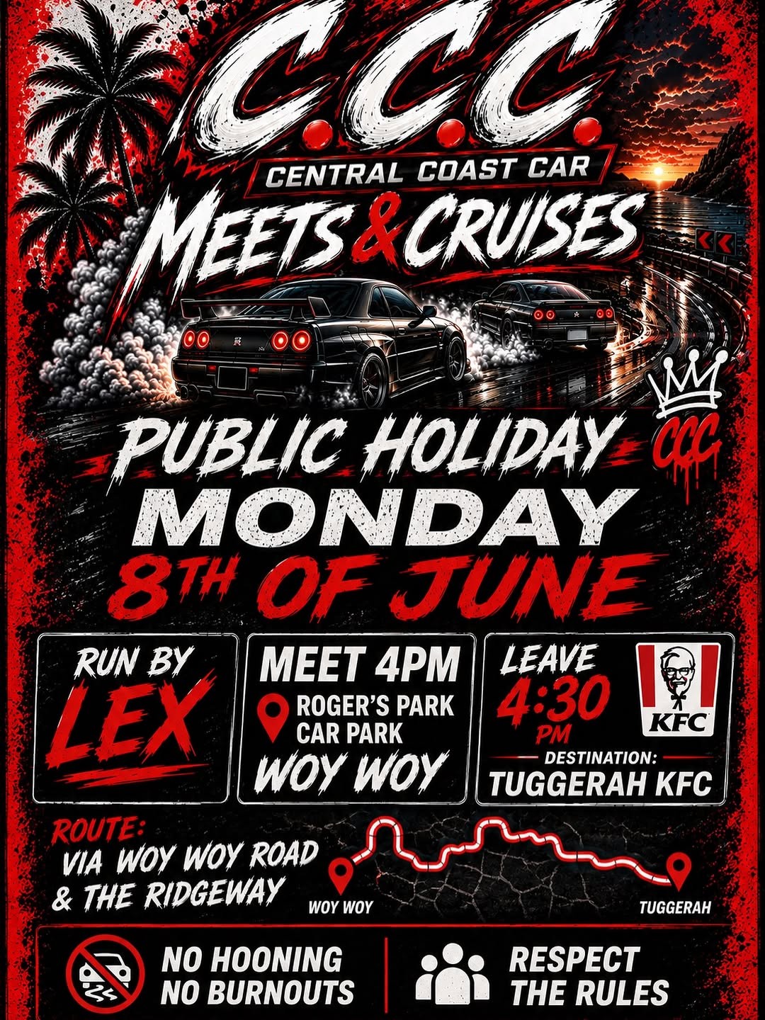 CCC Public Holiday Cruise — JDM car meet in Central Coast, NSW on Monday 8 June 2026