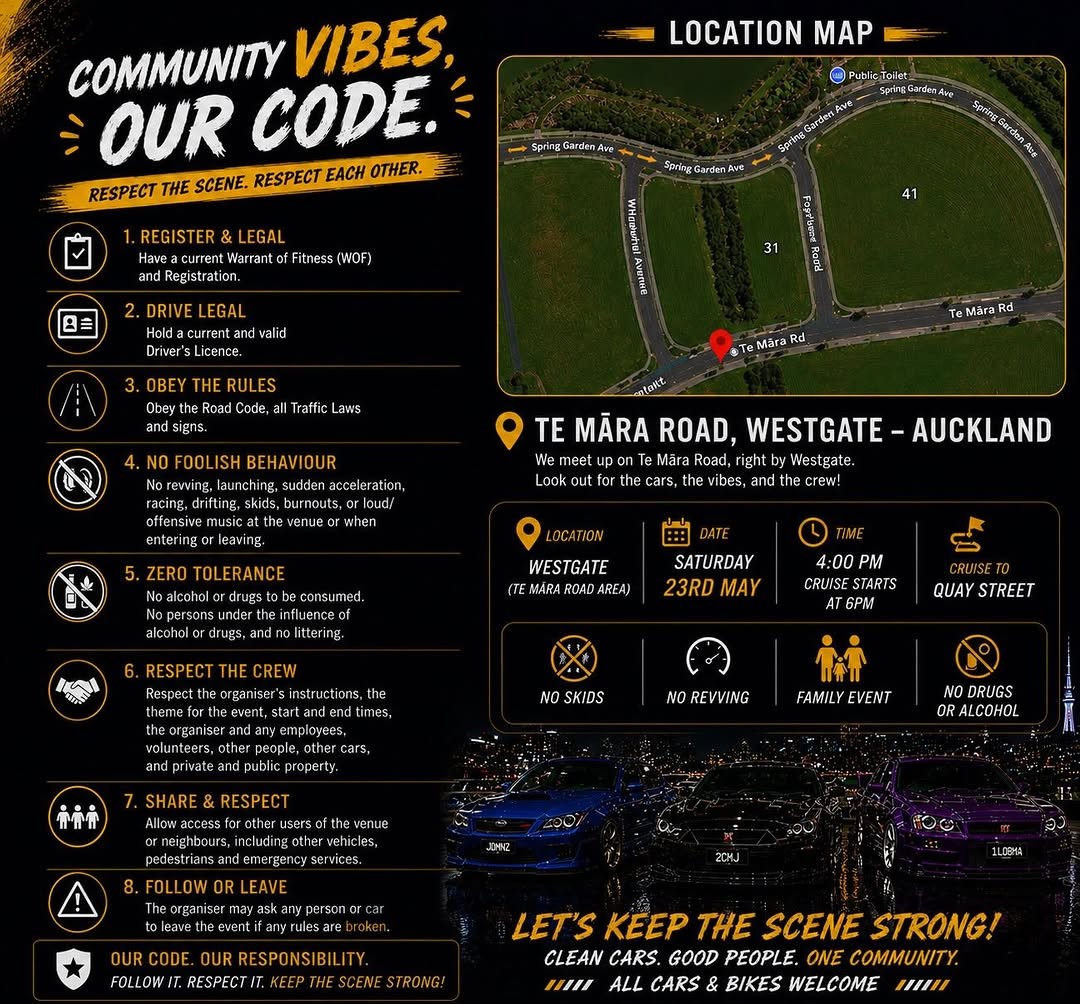 Community Vibes, Our Code — JDM/Euro car meet in International on Saturday 23 May 2026