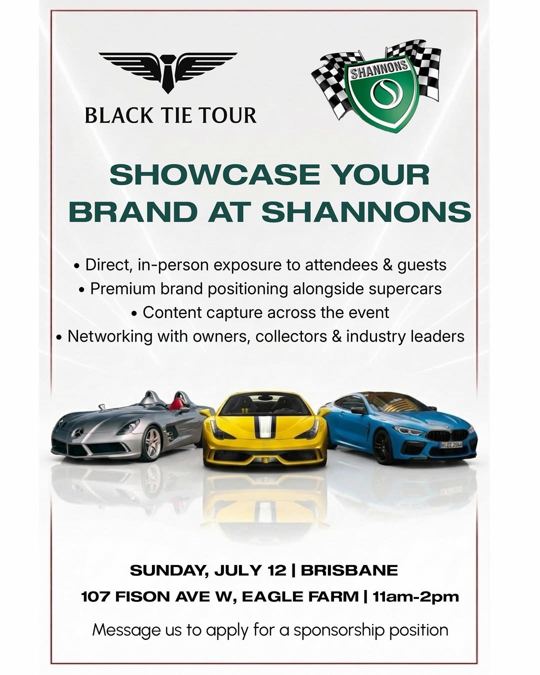 Black Tie Tour x Shannons Brisbane — Exotic car meet in Brisbane, QLD on Sunday 12 July 2026