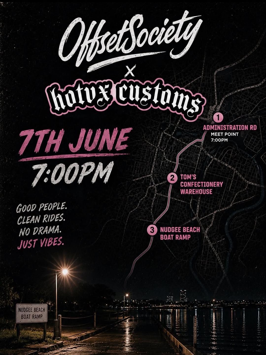 Offset Society x Hotvx Customs Night Cruise — Stance/JDM car meet in Brisbane, QLD on Sunday 7 June 2026
