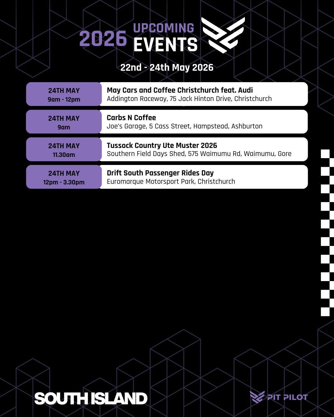 May Cars and Coffee Christchurch feat. Audi — Euro car meet in International on Sunday 24 May 2026