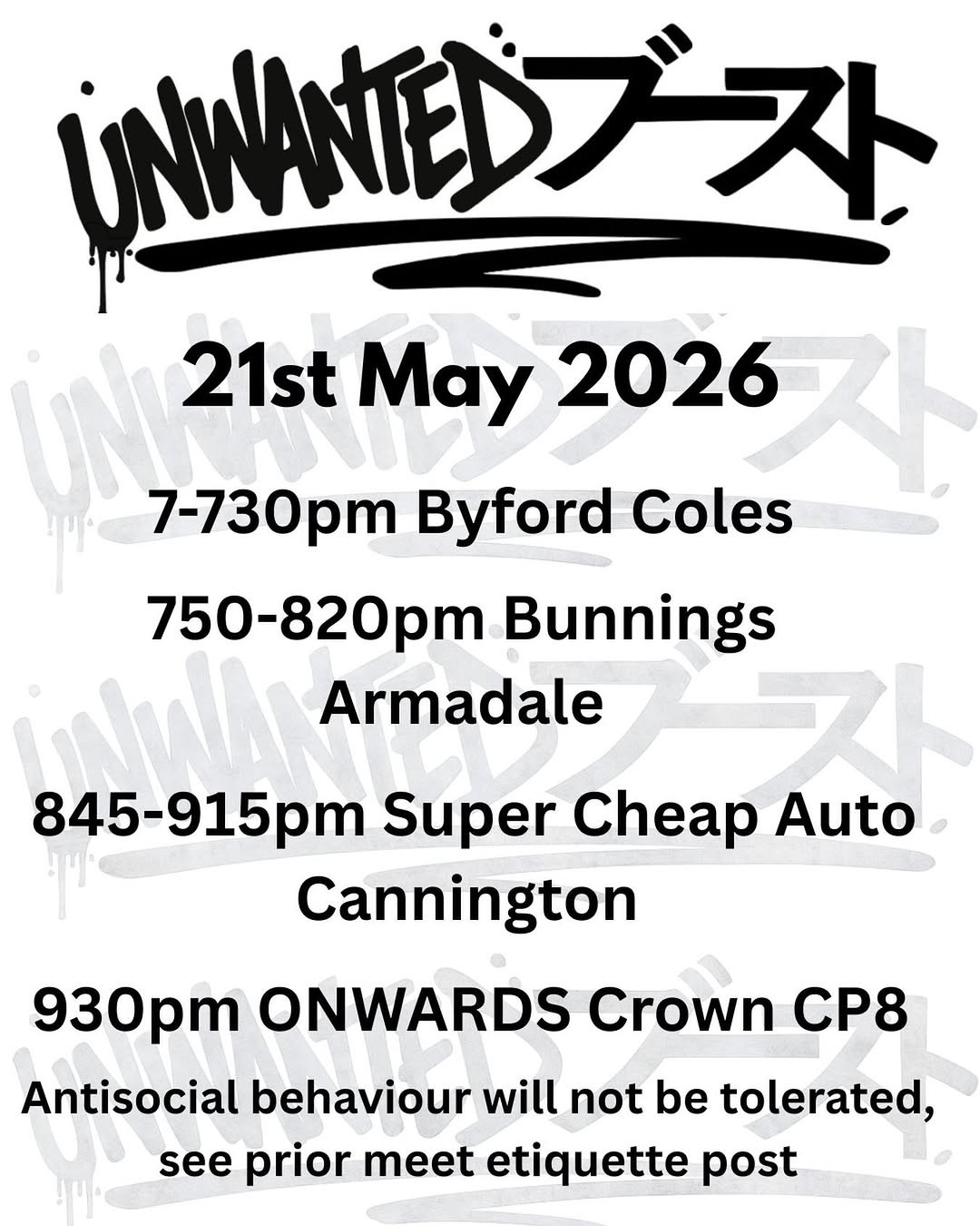 Unwanted Boost South Run — JDM car meet in Perth, WA on Thursday 21 May 2026