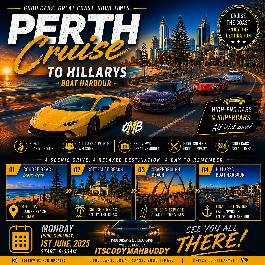Perth Cruise to Hillarys Boat Harbour — Exotic car meet in Perth, WA on Monday 1 June 2026