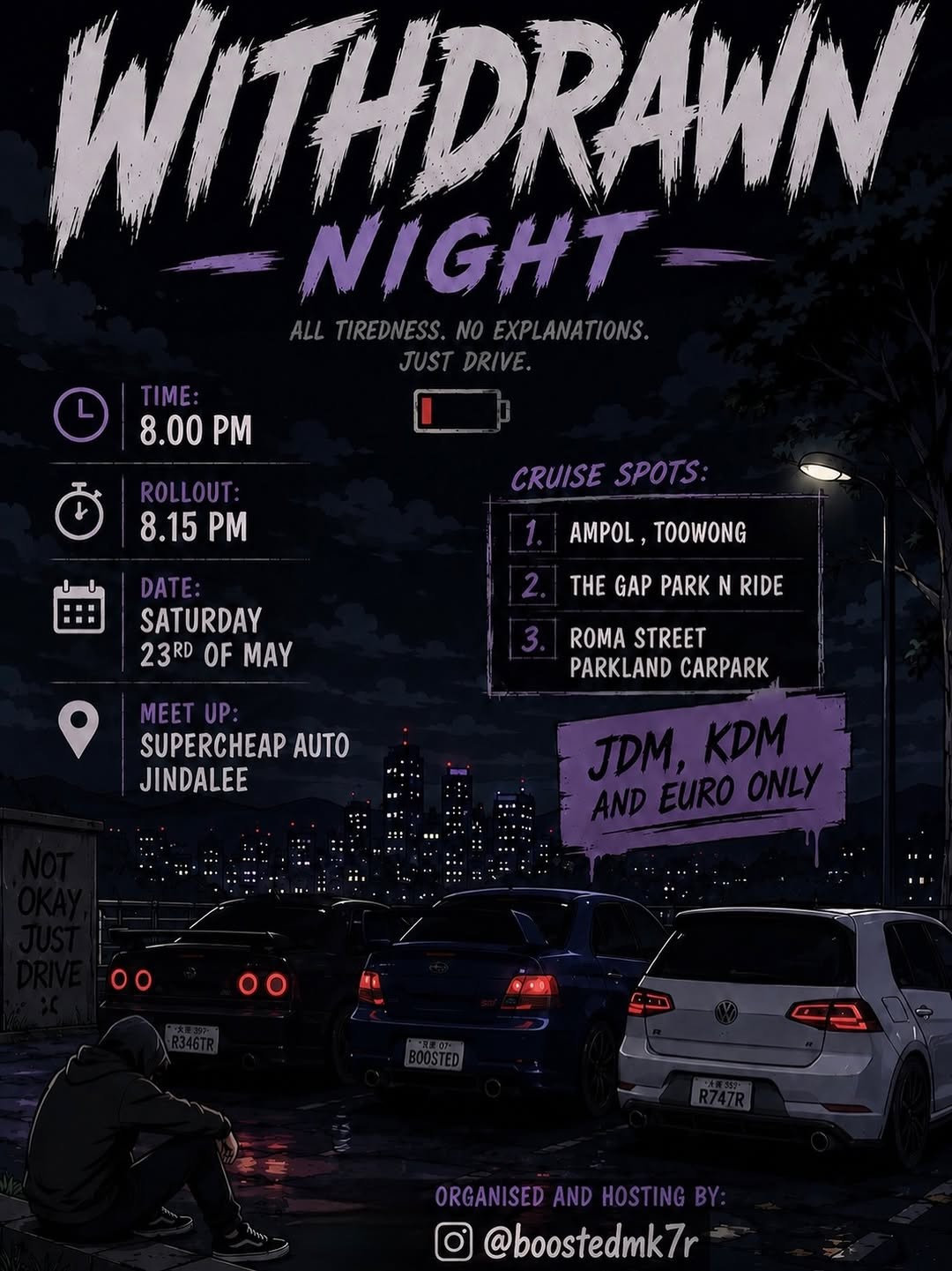 WITHDRAWN NIGHT — JDM/Euro car meet in Brisbane, QLD on Saturday 23 May 2026