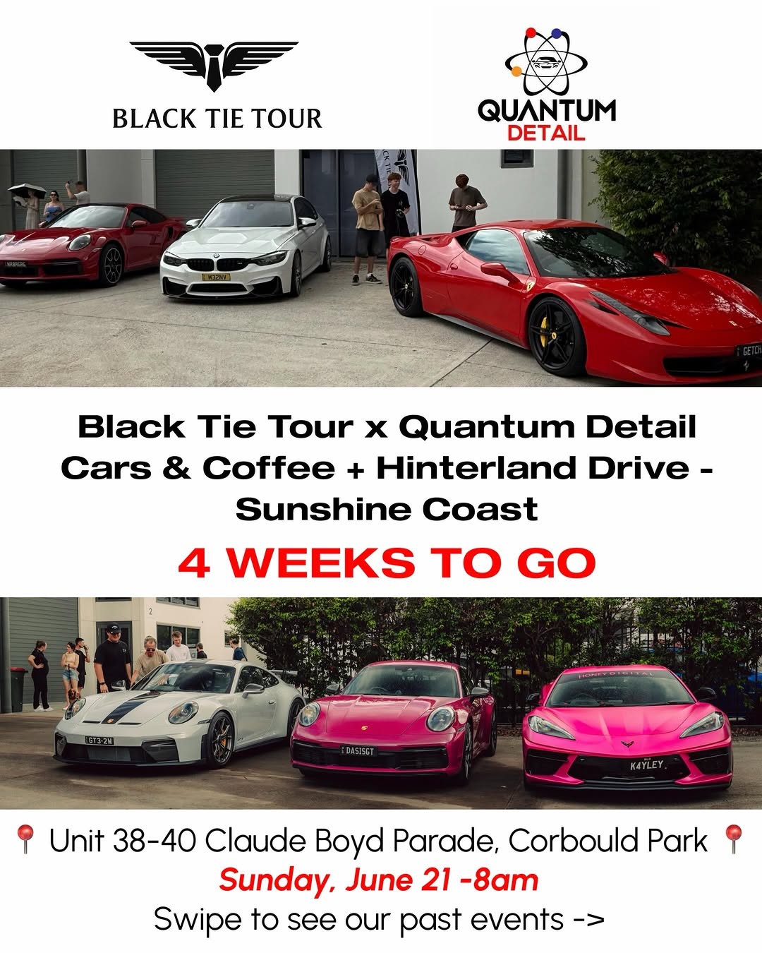 Black Tie Tour x Quantum Detail Cars & Coffee + Hinterland Drive — Exotic/Euro car meet in Sunshine Coast, QLD on Sunday 21 June 2026