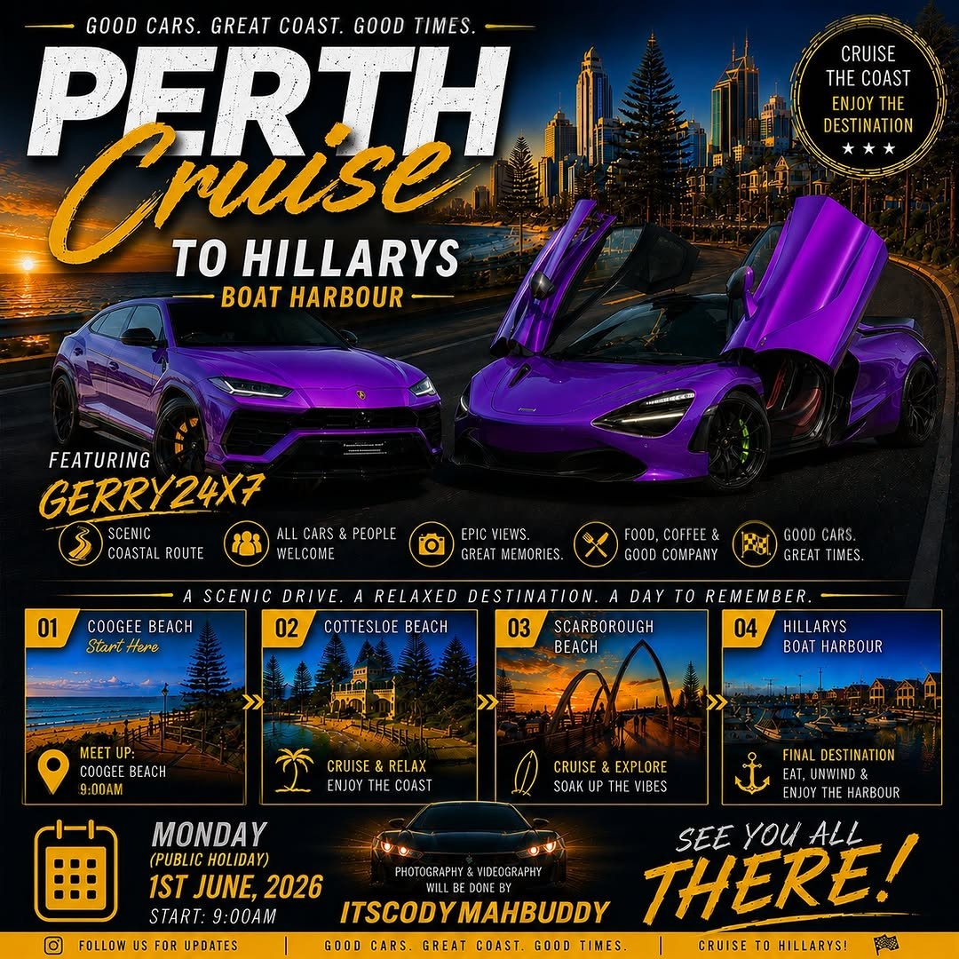 Perth Cruise to Hillarys Boat Harbour — car meet in Perth, WA on Monday 1 June 2026
