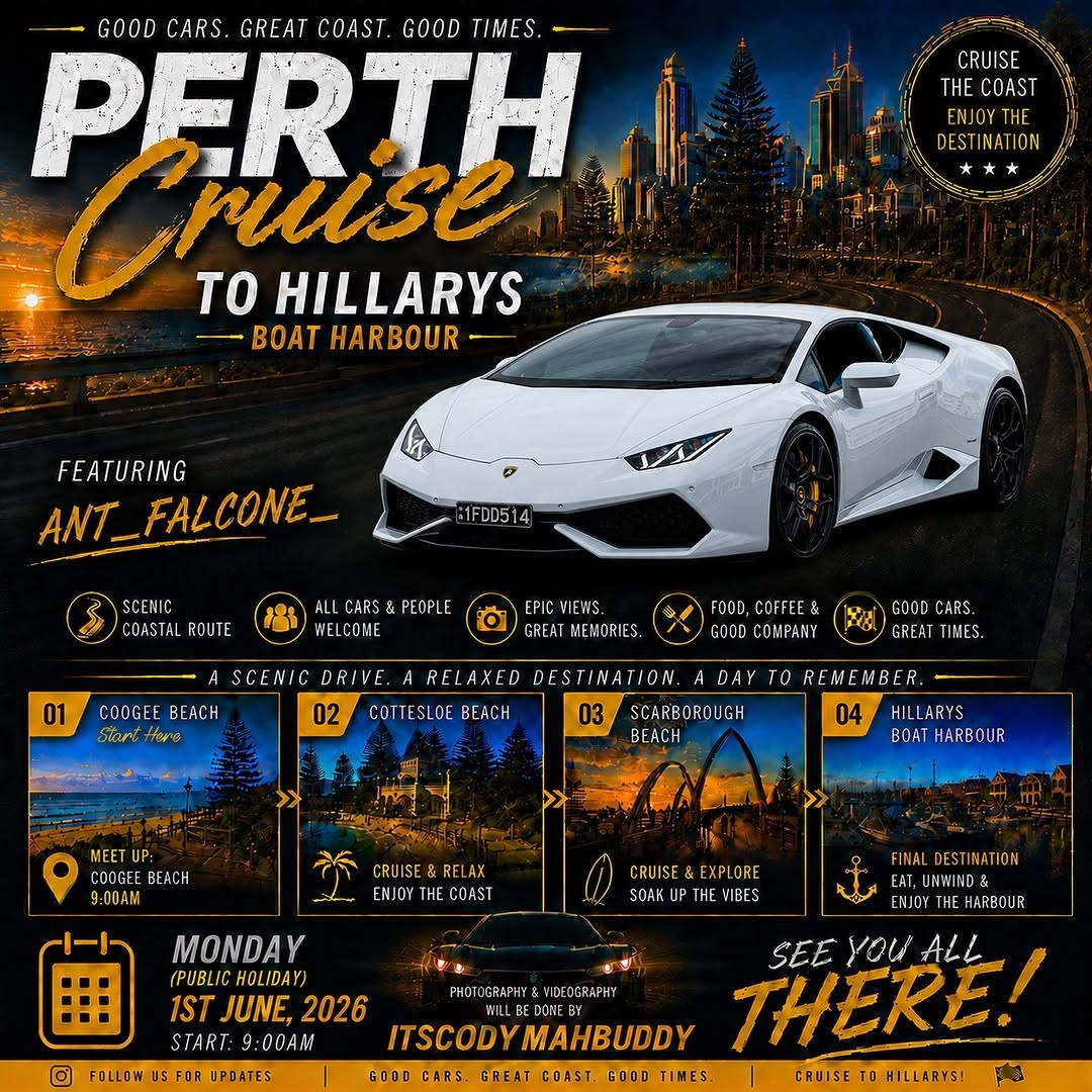 Perth Cruise to Hillarys Boat Harbour — Euro/Exotic car meet in Perth, WA on Monday 1 June 2026