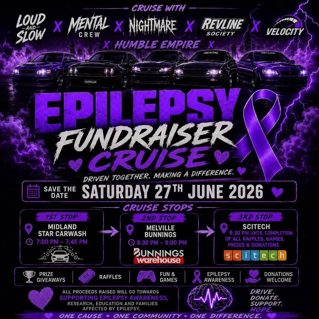 Epilepsy Fundraiser Cruise — JDM car meet in Perth, WA on Saturday 27 June 2026