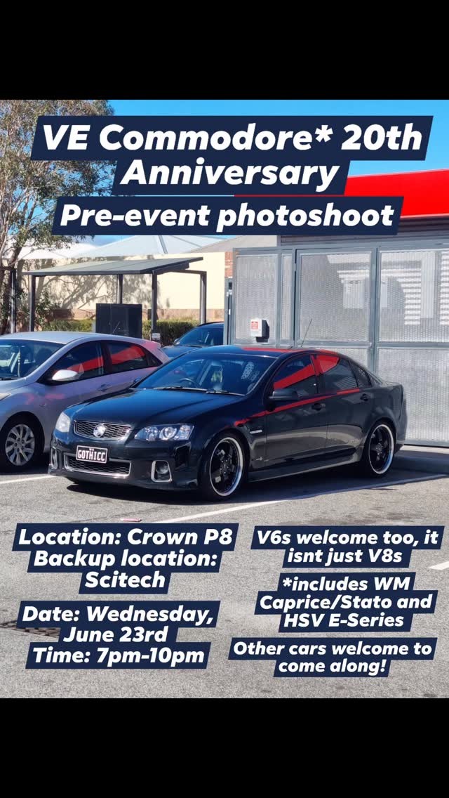 VE Commodore 20th Anniversary Pre-event photoshoot — Muscle/Stance car meet in Perth, WA on Wednesday 24 June 2026