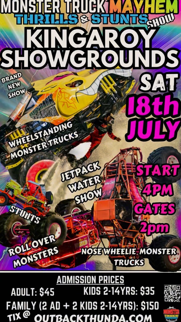 Monster Truck Mayhem Thrills & Stunts Show — 4x4 spectator event in Brisbane, QLD on Saturday 18 July 2026