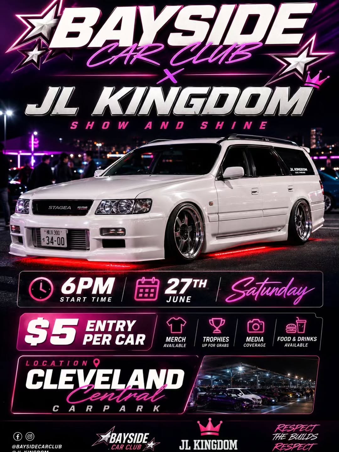 Bayside Car Club x JL Kingdom Show and Shine — JDM/Stance car meet in Brisbane, QLD on Saturday 27 June 2026