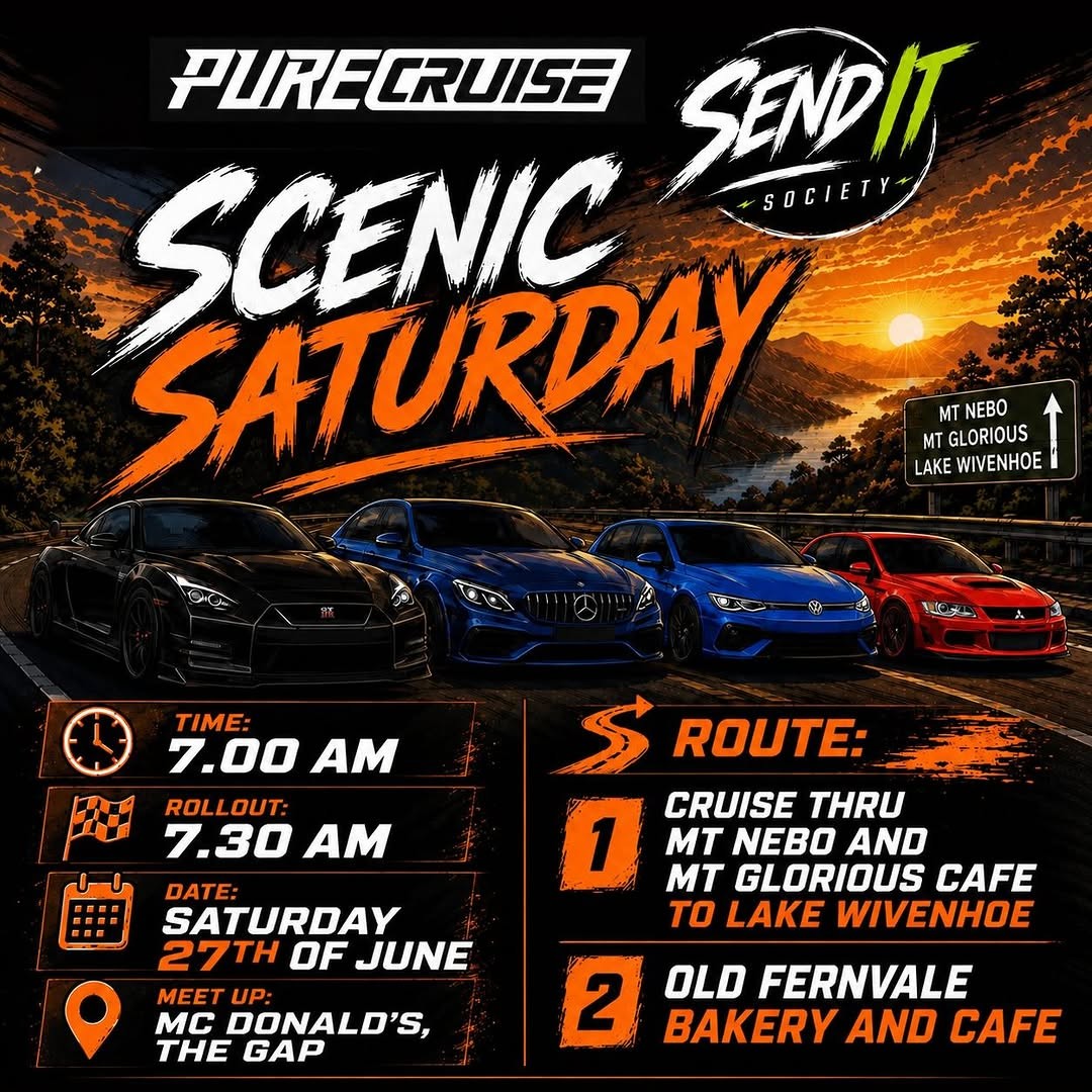 Scenic Saturday — JDM/Euro car meet in Brisbane, QLD on Saturday 27 June 2026