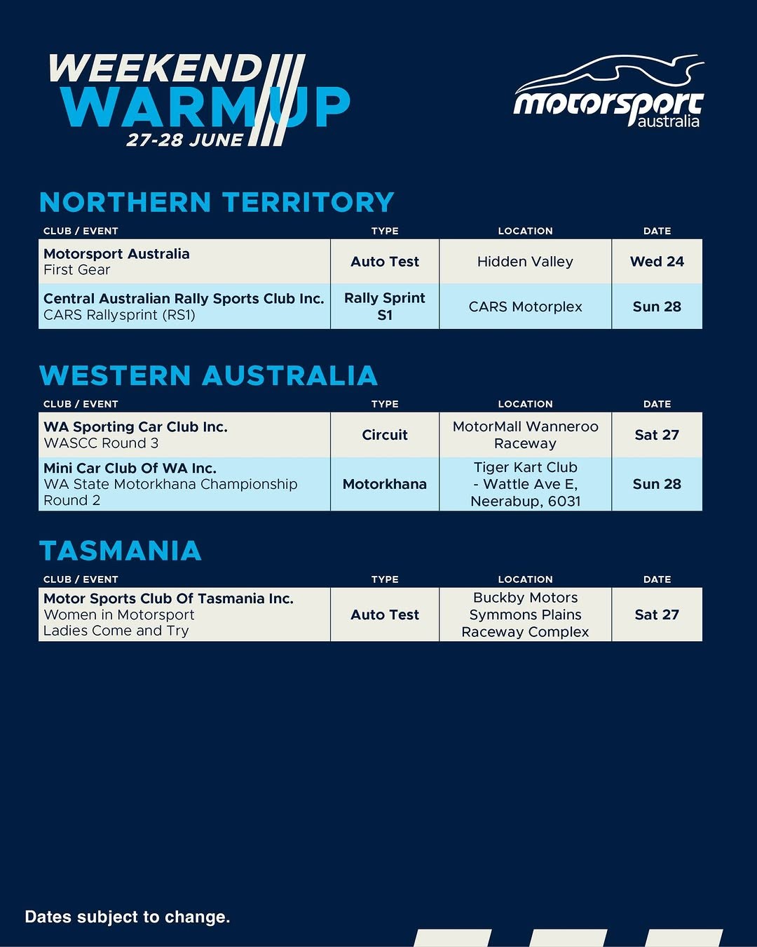 WASCC Round 3 — track day in Perth, WA on Saturday 27 June 2026